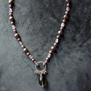 Purple Beaded Silver Pendant Statement Necklace Hand Knotted Y2K